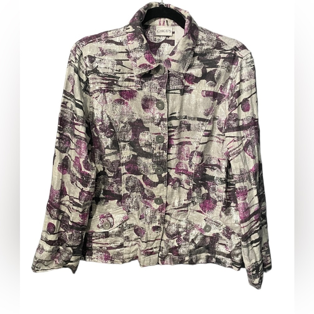Chicos Women's Size 2 (med) Purple Gray Silver Metallic 100%Linen Jacket Blazer - Picture 3 of 17